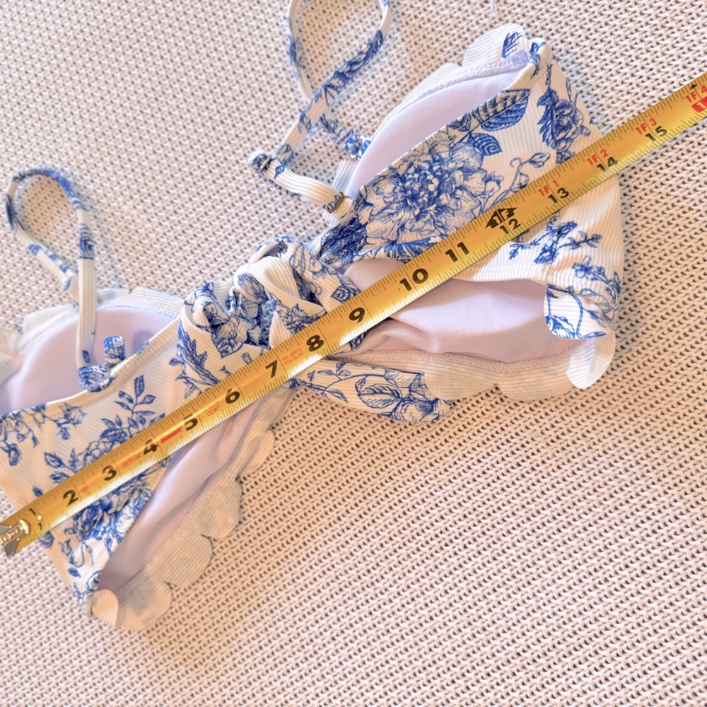 Ribbed Blue & White Scalloped Floral Bikini Swimsuit Set - Picture 14 of 15